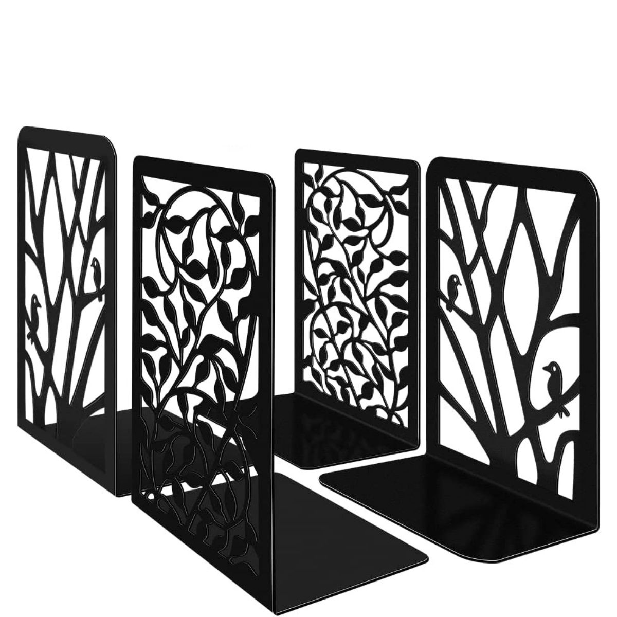 4 unidades de sujetalibros metálico negro árboles y hojas con pájaros
